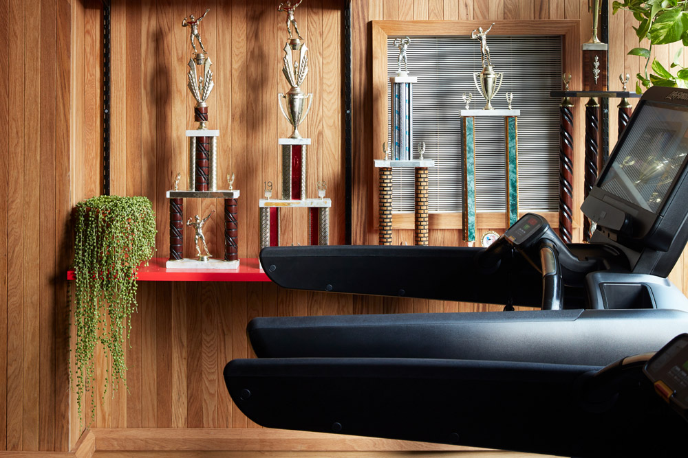 -a photo of a gym with equipment that includes treadmills and weight lifting trophies.