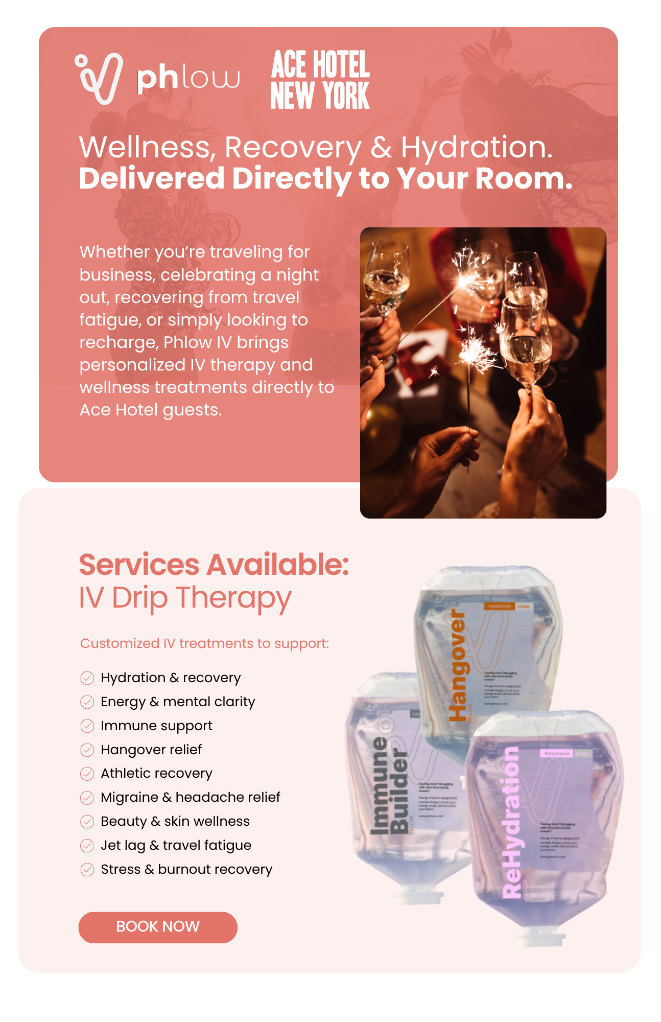 Phlow, advertisment package of IV Drip therapy delivered to the room of guests.