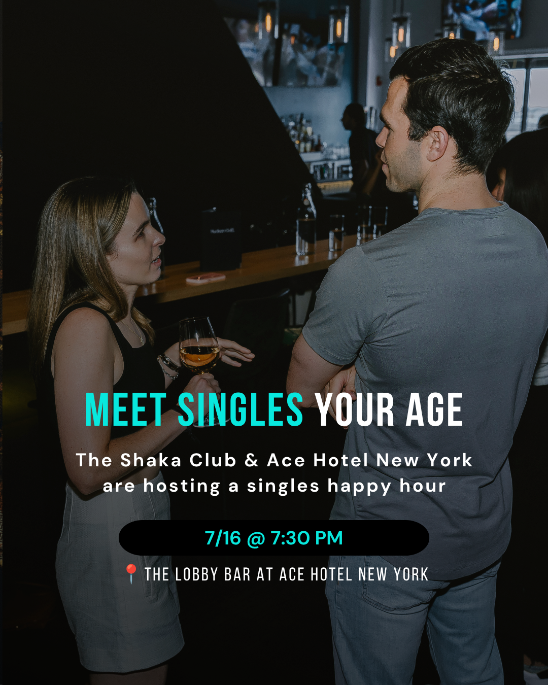 Singles night advertising poster of man and woman at a bar.